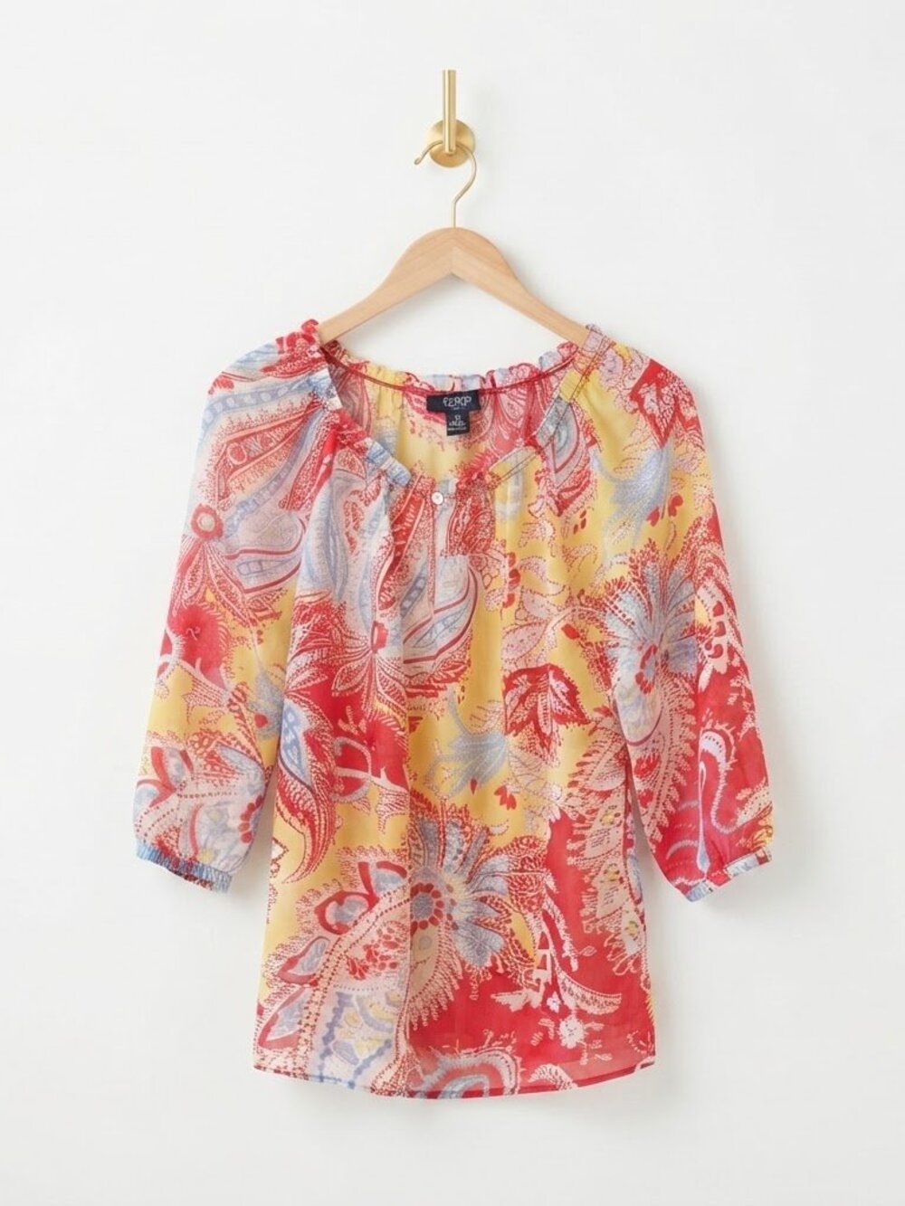 Paisley Semi Sheer Top Size XS Oversized Colorful Off the Shoulder 3/4 Sleeve